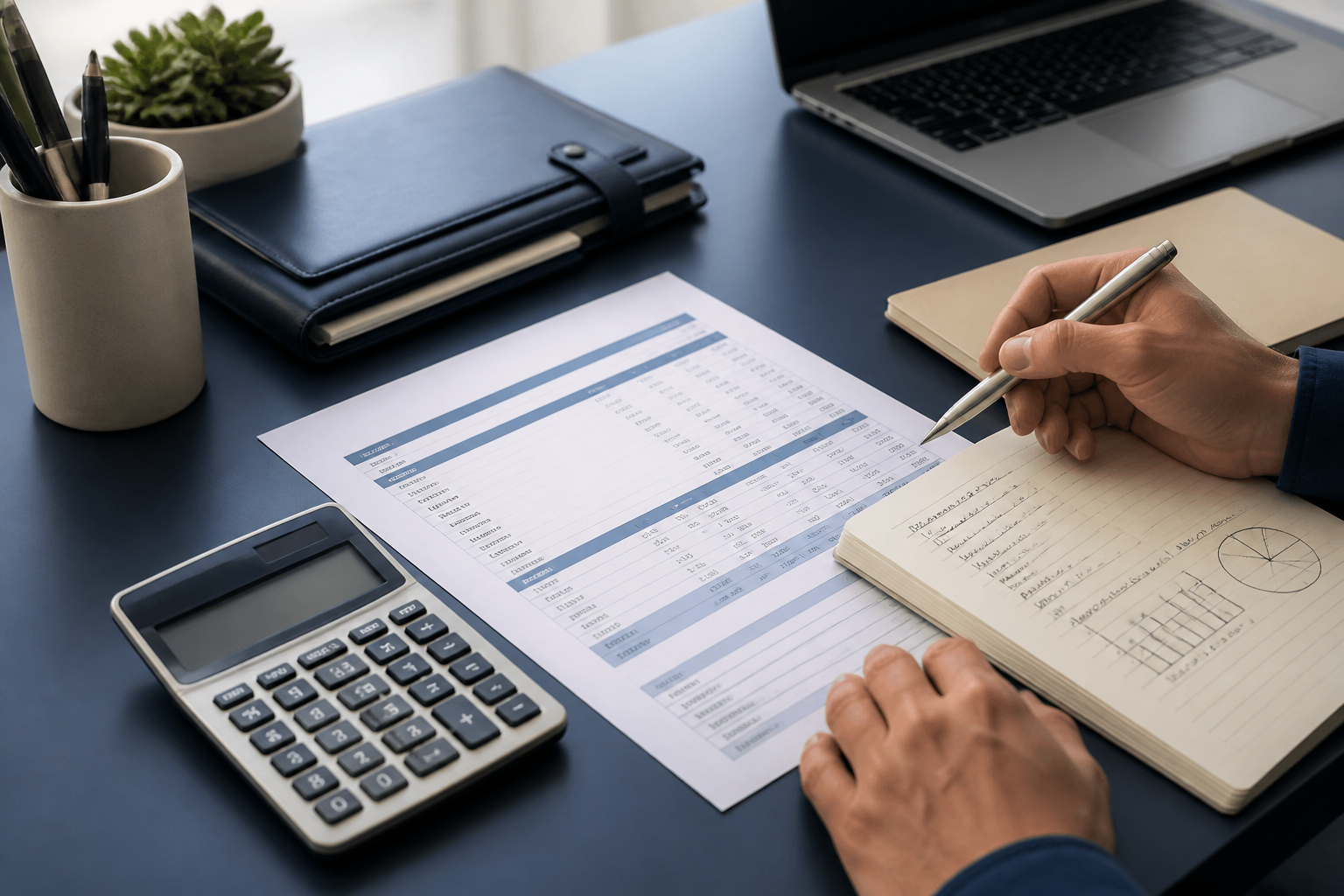 Conferência de holerite para cálculo trabalhista Holerite sendo conferido com calculadora e anotações